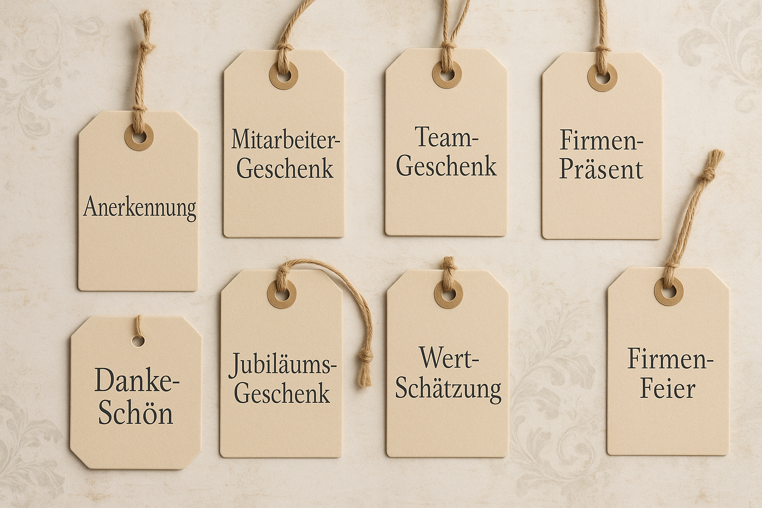 8 Mitarbeitergeschenk-Tags mit Shabby Chic Hintergrund