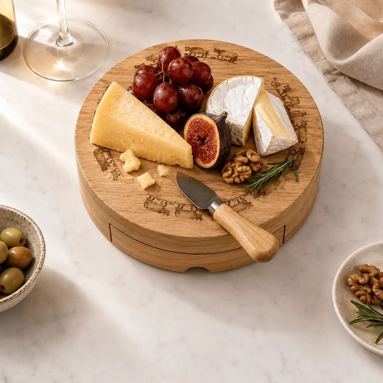 Plateau à fromage en bois avec 3 couteaux à fromage, en relief