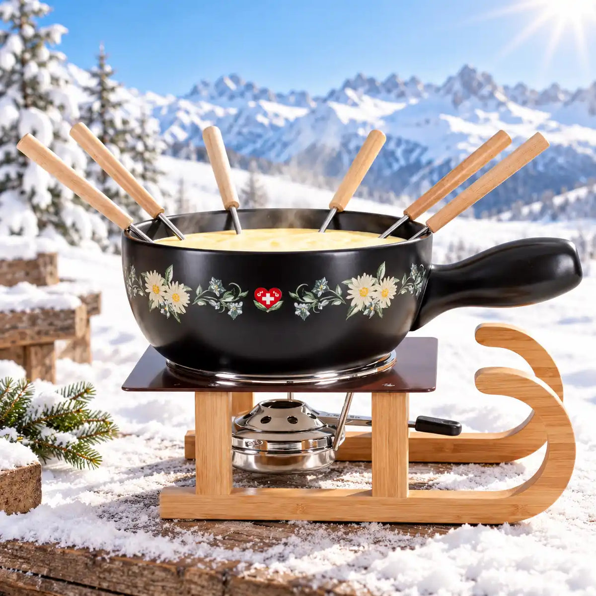 Käsefondue-Set, "Schlitten Blumenwiese", 9 teilig