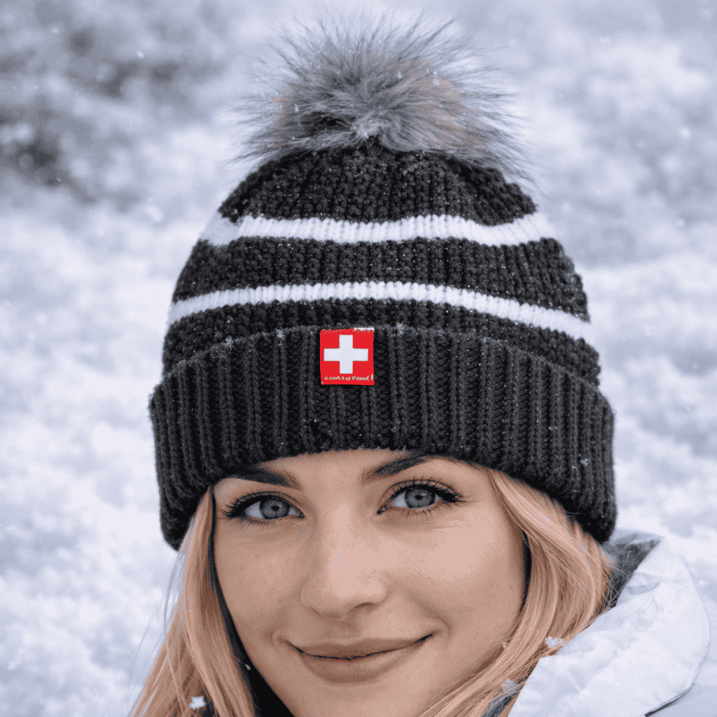 Damen Strickmütze mit weissen Streifen, anthrazit