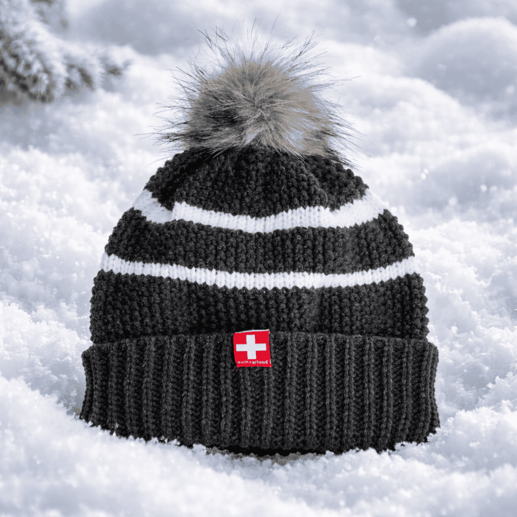 Damen Strickmütze mit weissen Streifen, anthrazit