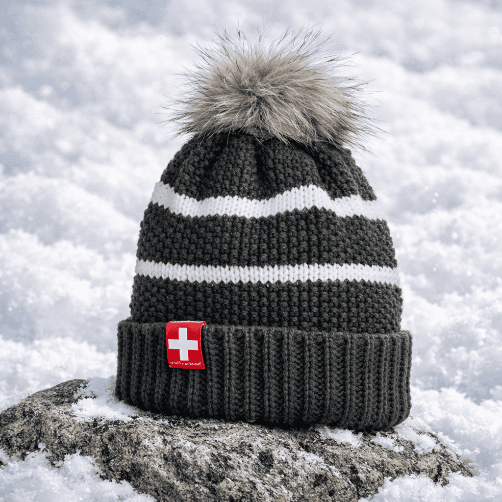 Damen Strickmütze mit weissen Streifen, anthrazit