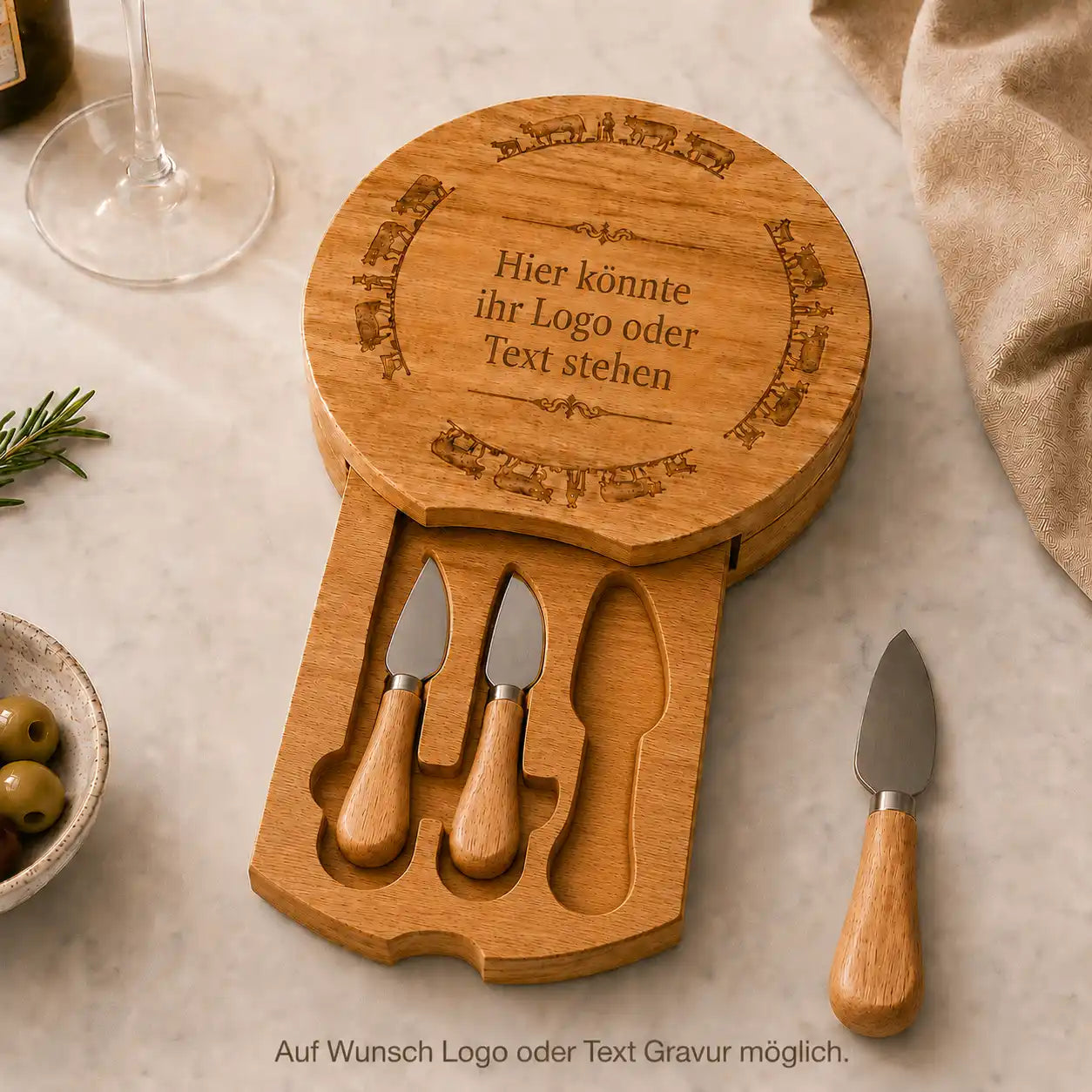 Plateau à fromage en bois avec 3 couteaux à fromage, en relief