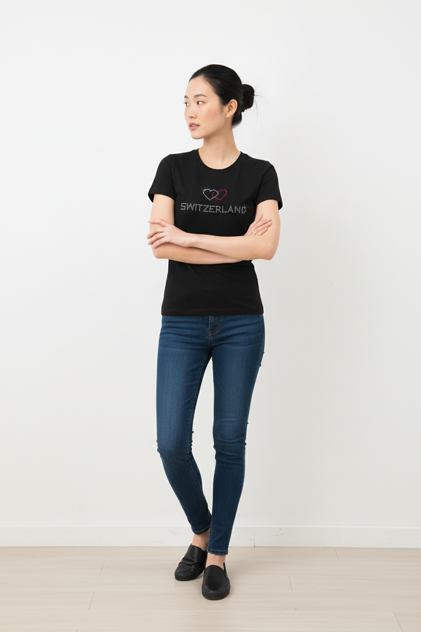 Damen T-Shirt mit Strass Herzen