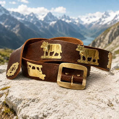 Ceinture Appenzeller, style vintage, largeur 4 cm, marron clair avec ornements en laiton
