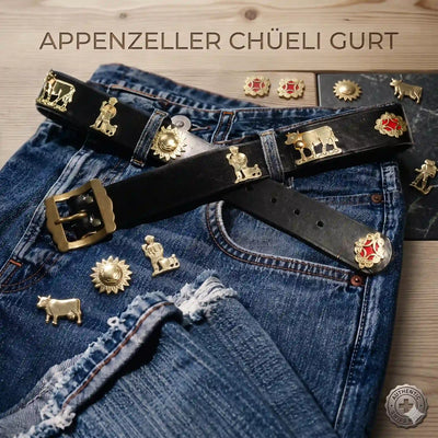 Ceinture Appenzeller « l'originale » 4 cm de large, noire avec ornements en laiton