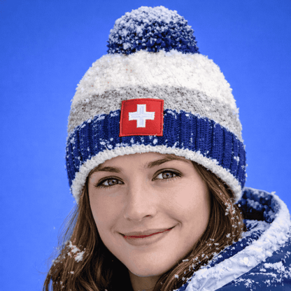 Wintermütze Schweizer Wappen, blau grau weiss