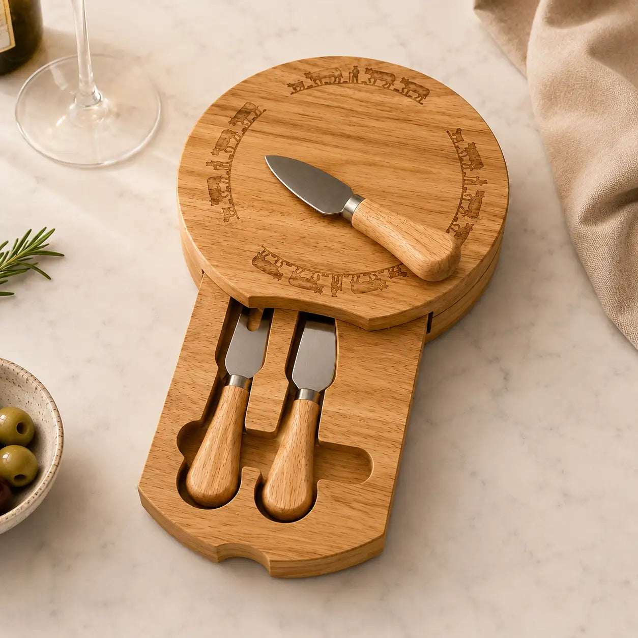 Plateau à fromage en bois avec 3 couteaux à fromage, en relief