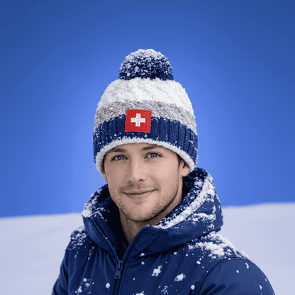 Wintermütze Schweizer Wappen, blau grau weiss