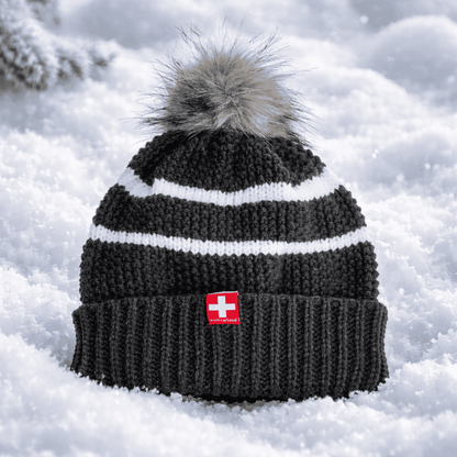 Damen Strickmütze mit weissen Streifen, anthrazit