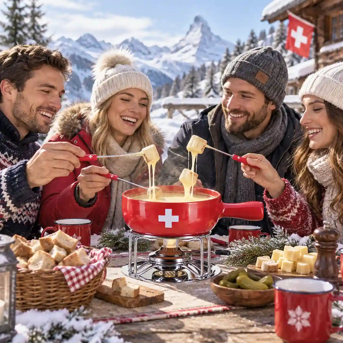 Käse Fondue-Set Schweizerkreuz, 9-teilig, rot