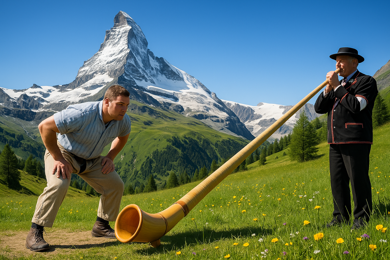 Schweizer Alpenszene mit Matterhorn, Schwinger und Alphornbläser